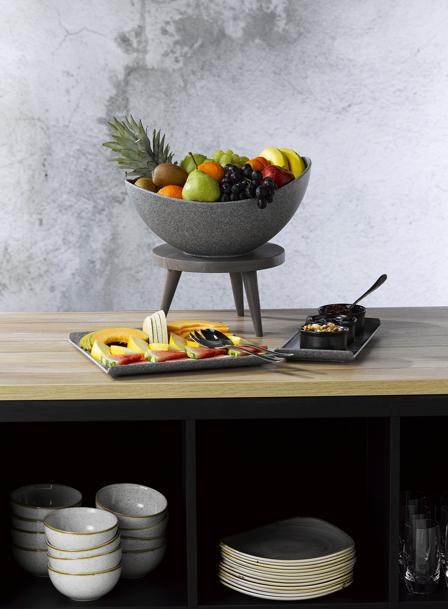 Alchemy Melamine Buffet Bowls - Melamin Weiße Mondstein Schüssel 36cm / 450cl, 2 Stück - Weiß - Organisch