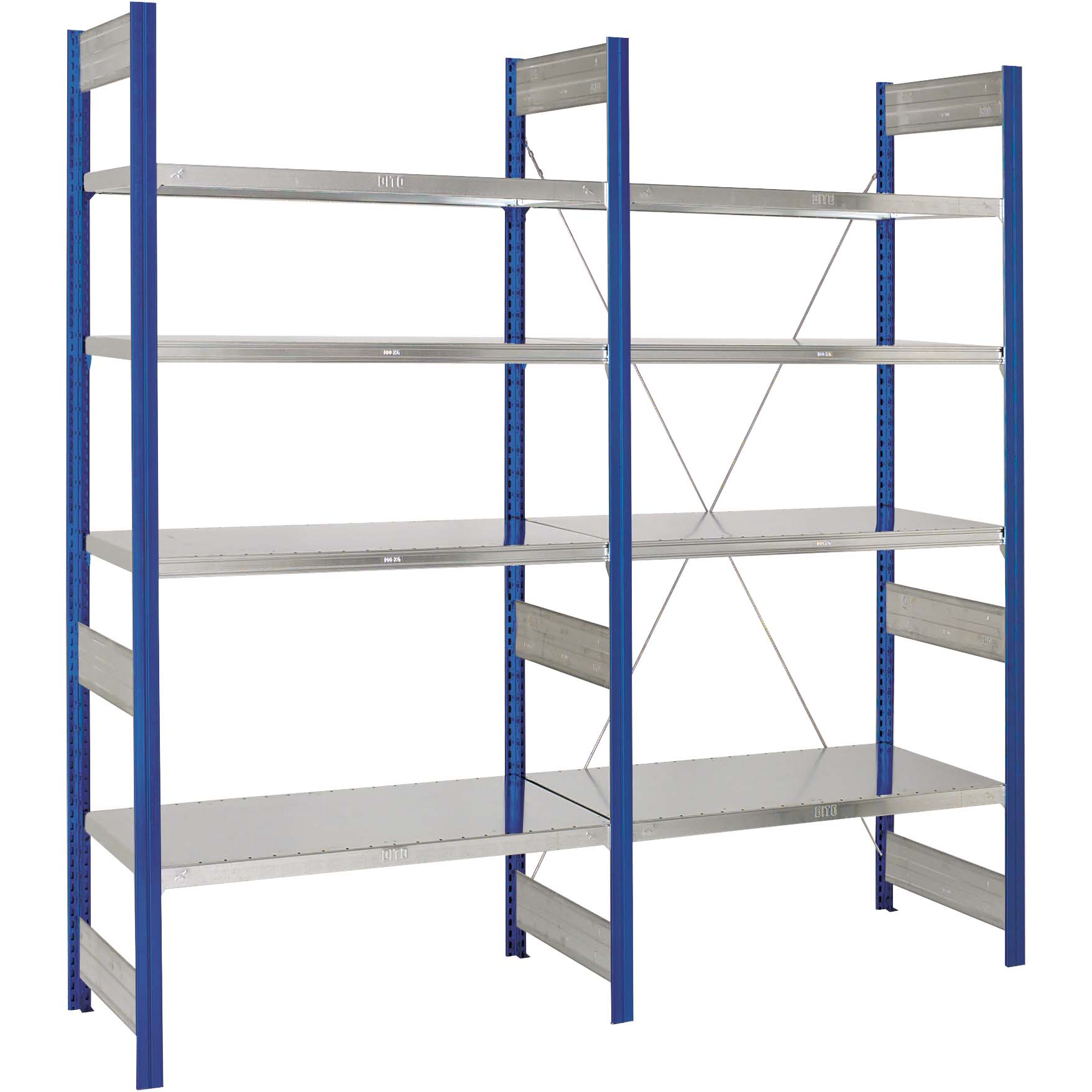 Fachbodenregale Typ L - Fachlast 100 kg - Set aus Grund- und Anbaufeld, Stützen RAL 5010 Enzianblau, Set aus Grund- und Anbaufeld